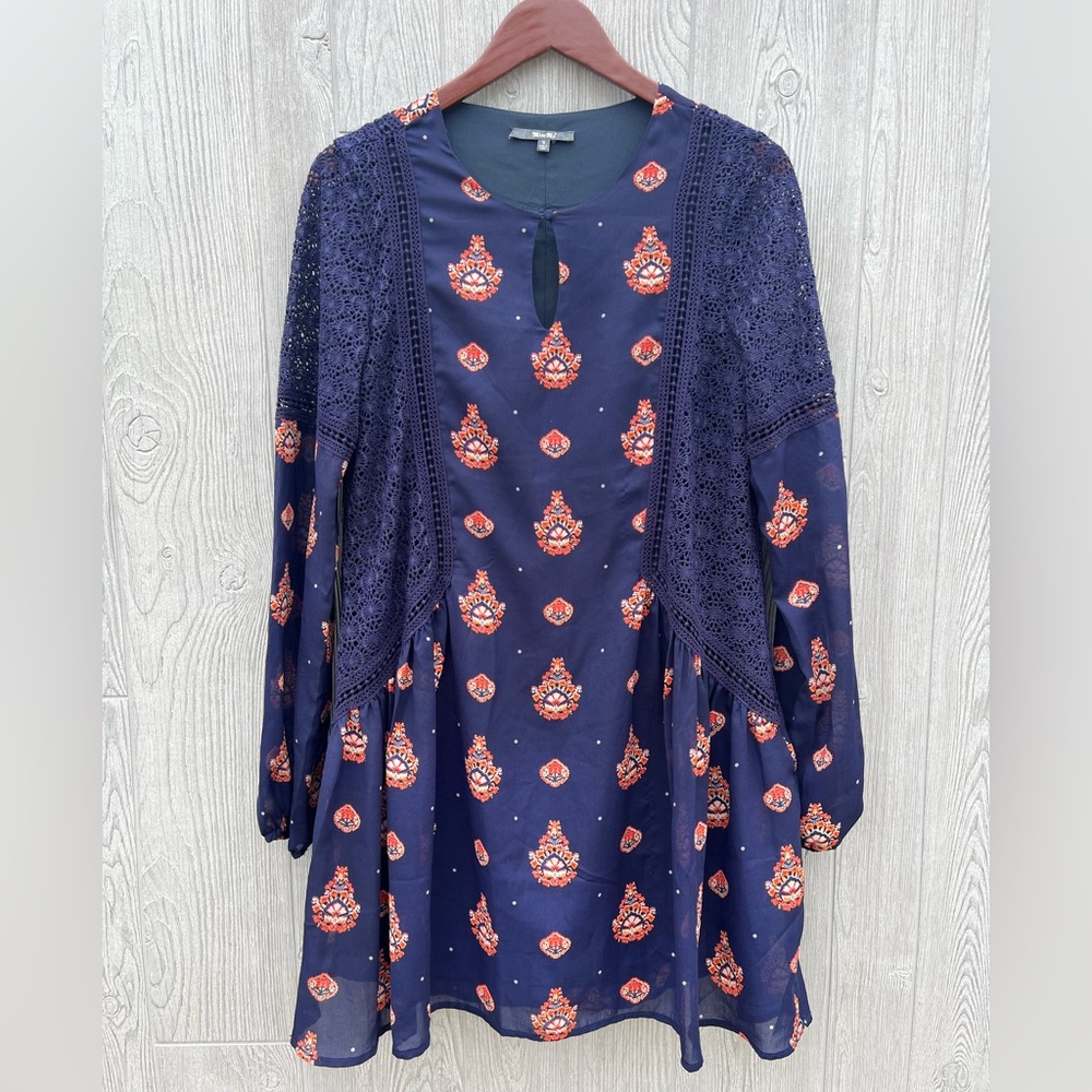 Miss Me Boho Peasant Dress Embroidered Lace Navy Blue Orange Women’s Medium